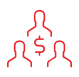 Red icon image of three outlines of people surrounding a dollar sign